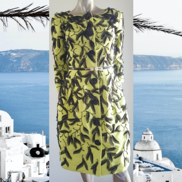 *$7,000 OSCAR DE LA RENTA EXQUISITE GREEN SILK BEAD LEAF RUNWAY COAT 4 - Picture 6 of 13